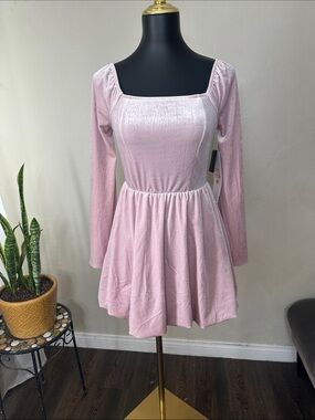 Celebrity Pink Light Pink Velvet Square-Neck Long Sleeve Skater Dress